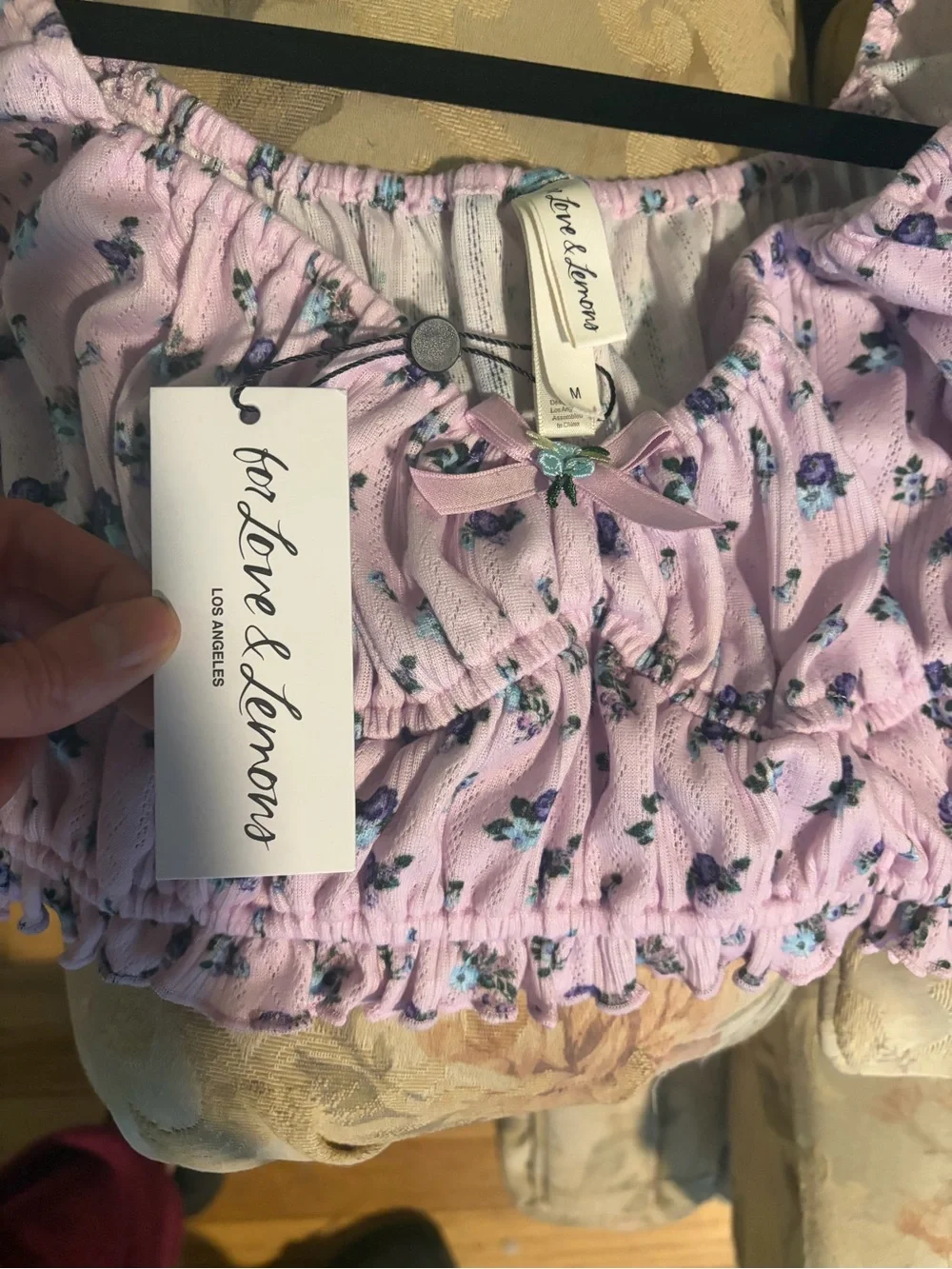 For Love & Lemons Lilac Floral Smocked Crop Top and Shorts Lounge Set - Picture 6 of 10